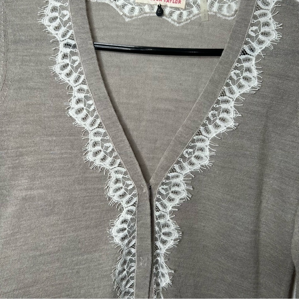 Rebecca Taylor Women’s Lace Trim Sweater Cardigan Sm Alpaca Wool Tan Button - Picture 2 of 5